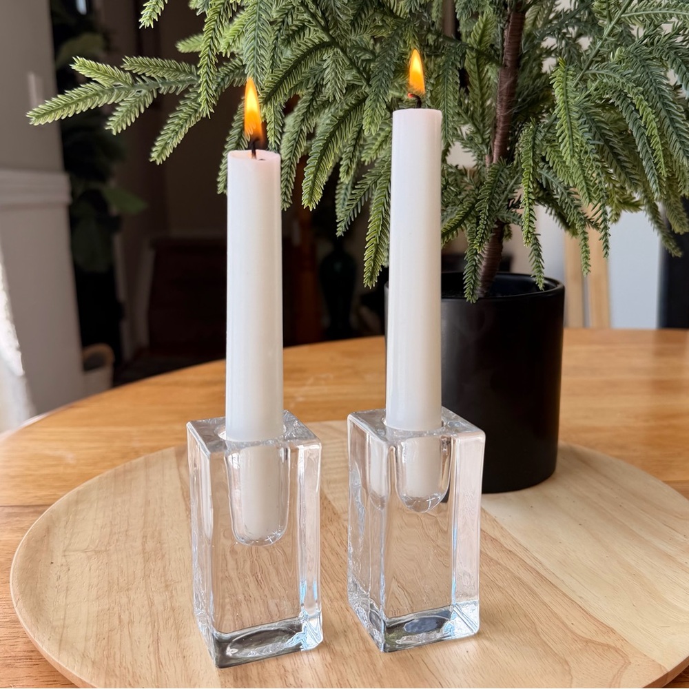 Pair of Vintage Mid-Century Modern Ice Block-Style Glass Candleholders